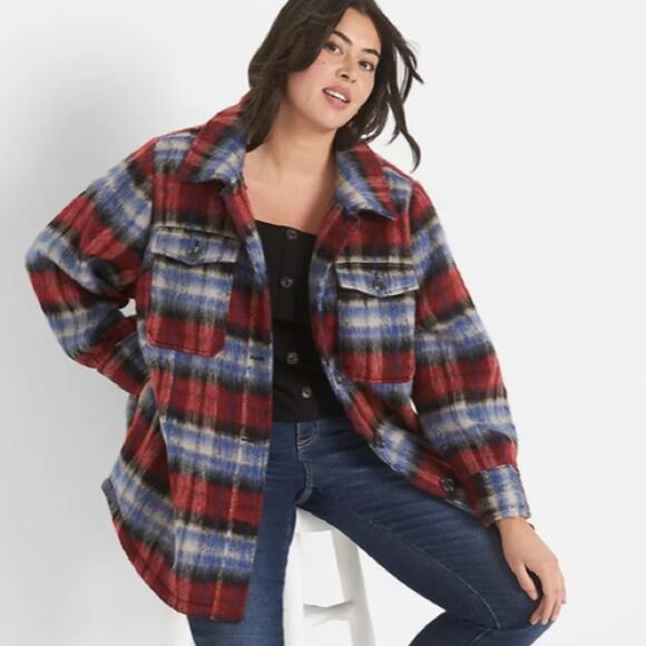 Lane Bryant Plaid Faux Wool Belted Shacket - Picture 3 of 12